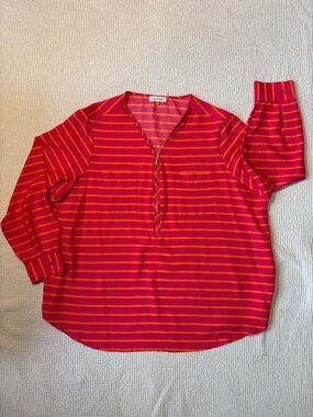 Calvin Klein Pink & Orange Striped Zipper V-Neck Blouse, 2X, NWOT, Roll Sleeves
